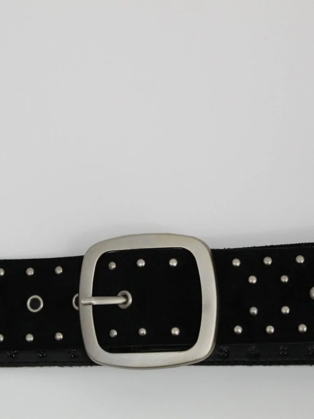 Black Faux Leather Studded Belt With Silver Buckle Suede Sz 16W Biker Goth Punk